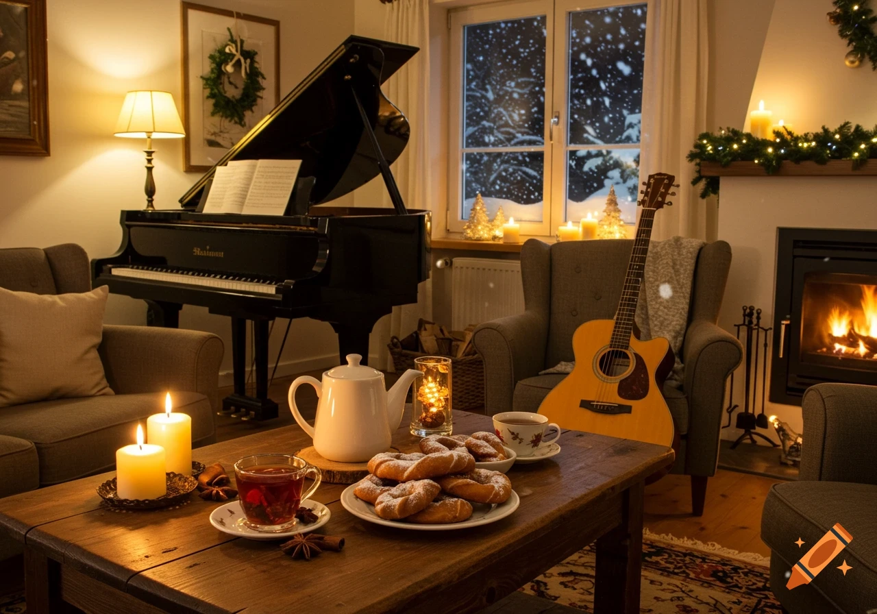 A cozy, warm living room decorated for Christmas with a grand piano, guitar, fireplace, tea, and cookies on a coffee table.