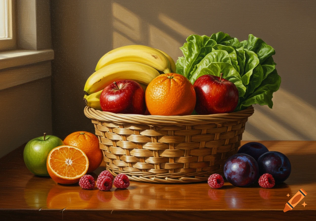 A photorealistic still life of a wicker basket overflowing with bananas, red apples, oranges, and fresh green lettuce, on a wooden table with plums, raspberries, and an orange slice.