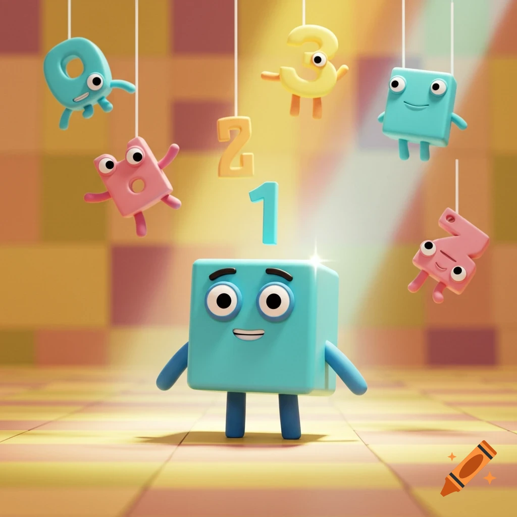 A blue numberblock character stands with a '1' above its head, surrounded by hanging cartoon number-like characters.