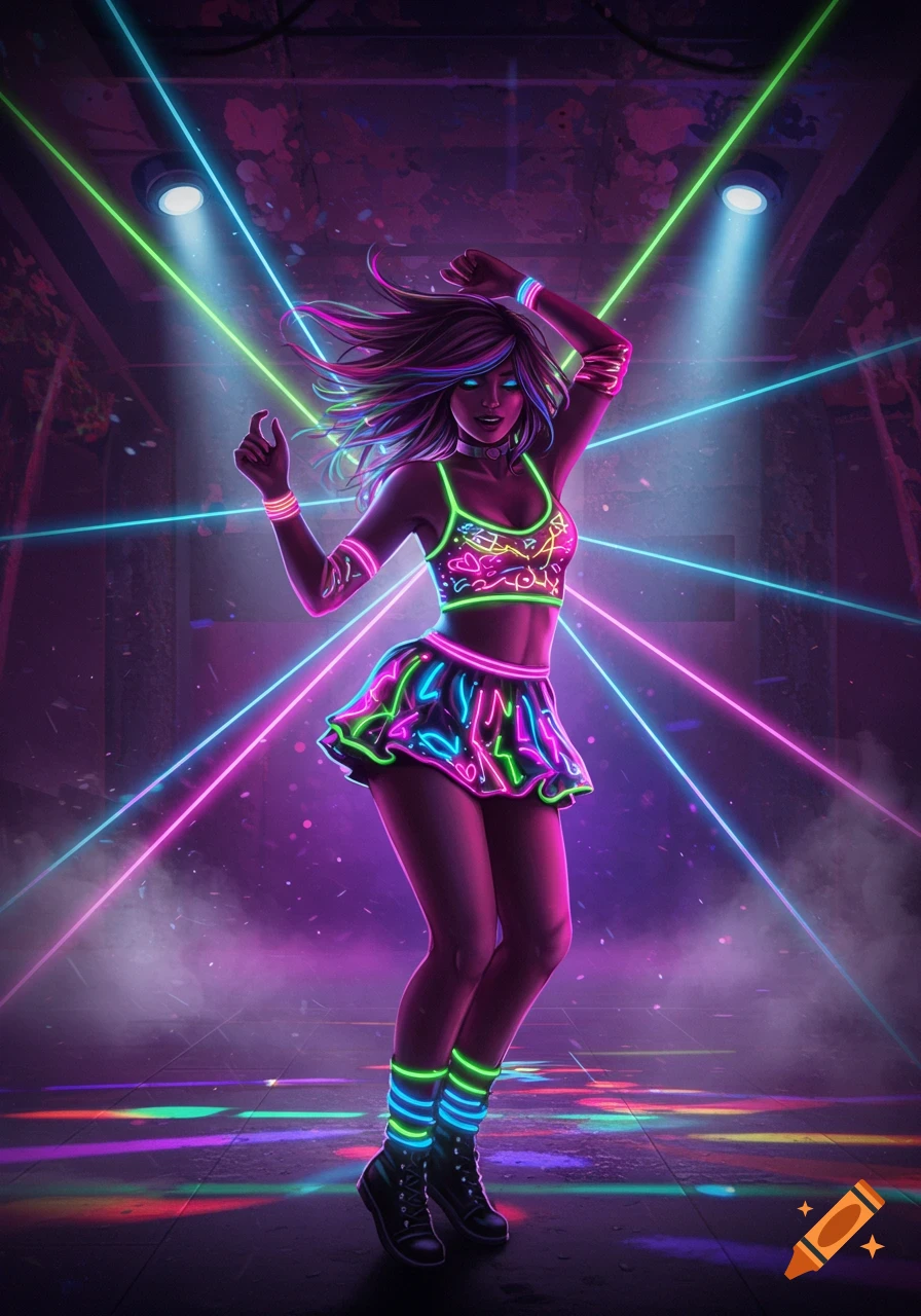 A vibrant digital illustration of a young woman with multi-colored hair and neon clothing dancing in a club with laser lights.