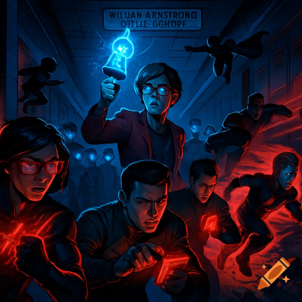 Comic illustration of young heroes with glowing powers in a school hallway, confronting hypnotized students under red and blue light.