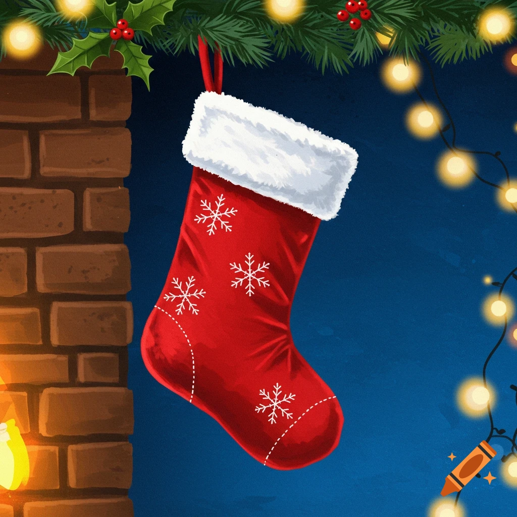 A red Christmas stocking with white snowflakes hangs from holly over a brick fireplace, illuminated by string lights on a dark blue background.