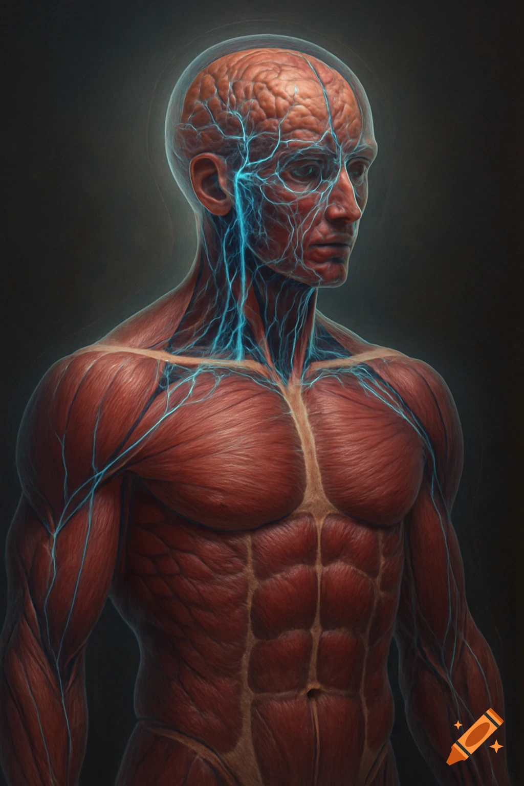 Detailed anatomical illustration of the human muscle and nervous systems against a dark background.