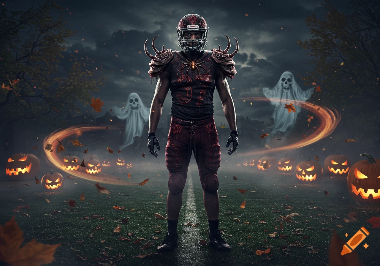 A photorealistic image of a spooky football player with horned armor on a misty Halloween field with jack-o'-lanterns and ghosts.