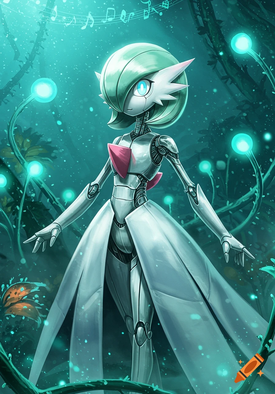 A mechanical Gardevoir with glowing blue eyes stands in a vibrant teal forest with bioluminescent plants and musical notes floating.