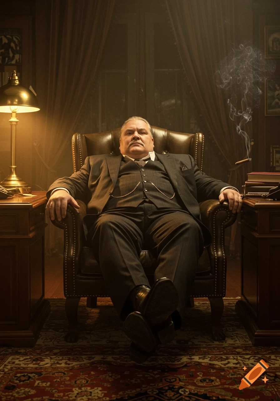 A portly, mustachioed man in a suit and black cowboy boots relaxes in a leather armchair, smoking a cigar in a vintage study.