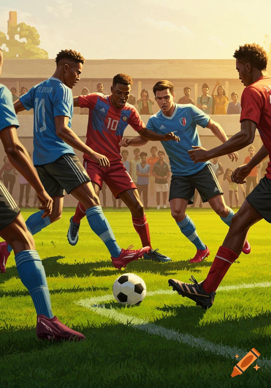 Illustration of soccer players in blue and red jerseys on a green field, moving around a ball. Spectators are in the background.