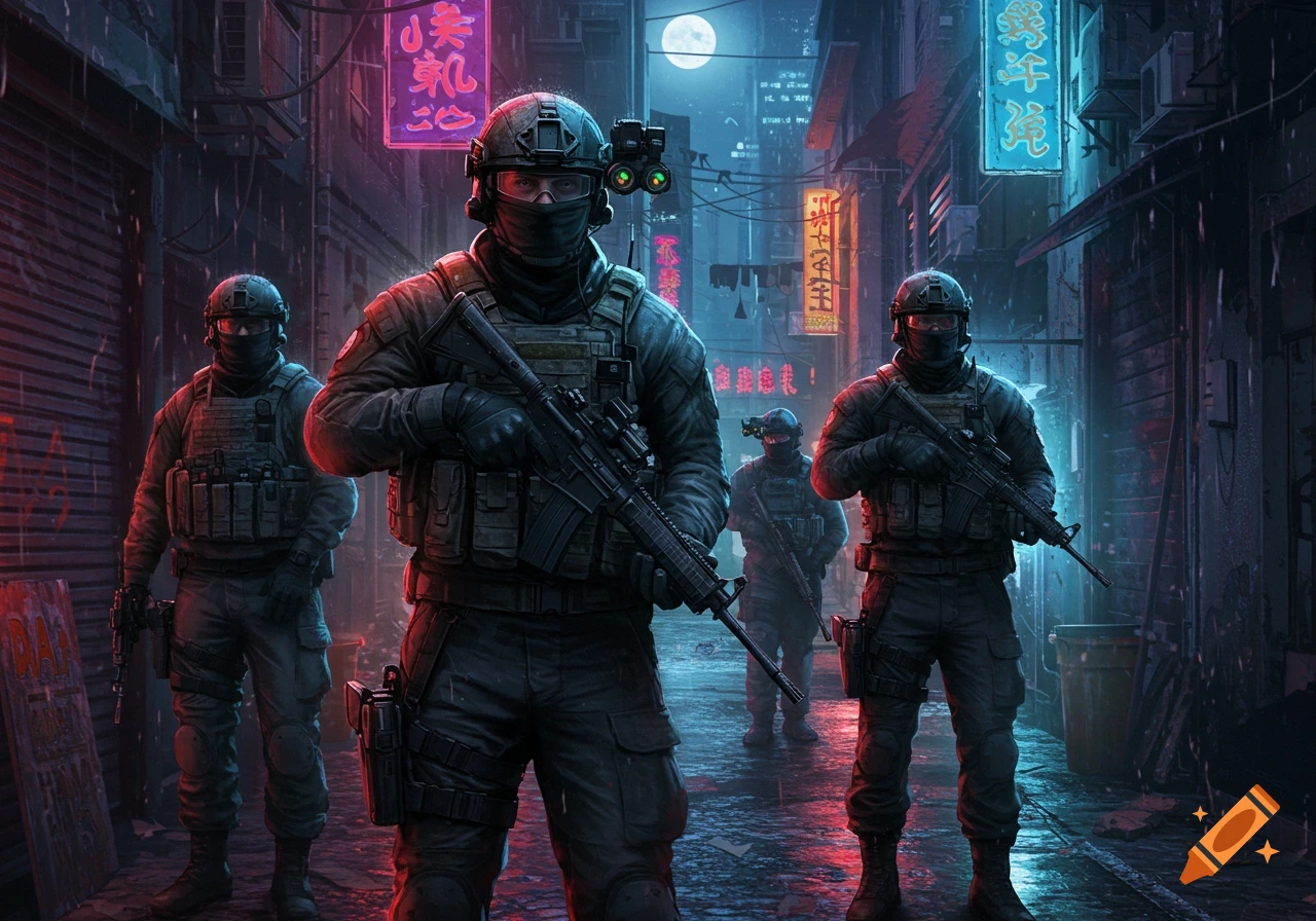Three armed tactical soldiers stand in a rainy, neon-lit cyberpunk alley at night under a full moon.
