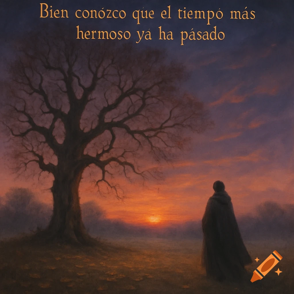 A lone cloaked figure watches a vibrant sunset over a misty field with a large bare tree. Text: 'Bien conozco que el tiempo más hermoso ya ha pasado'.