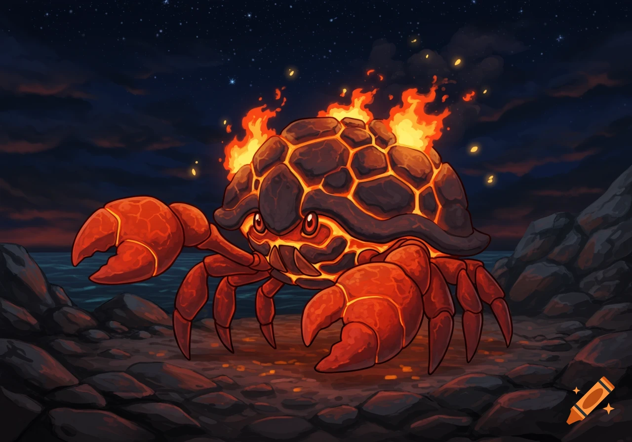 A cartoon fire-type crab with a magma shell and flames on its back stands on a rocky shore under a starry night sky.