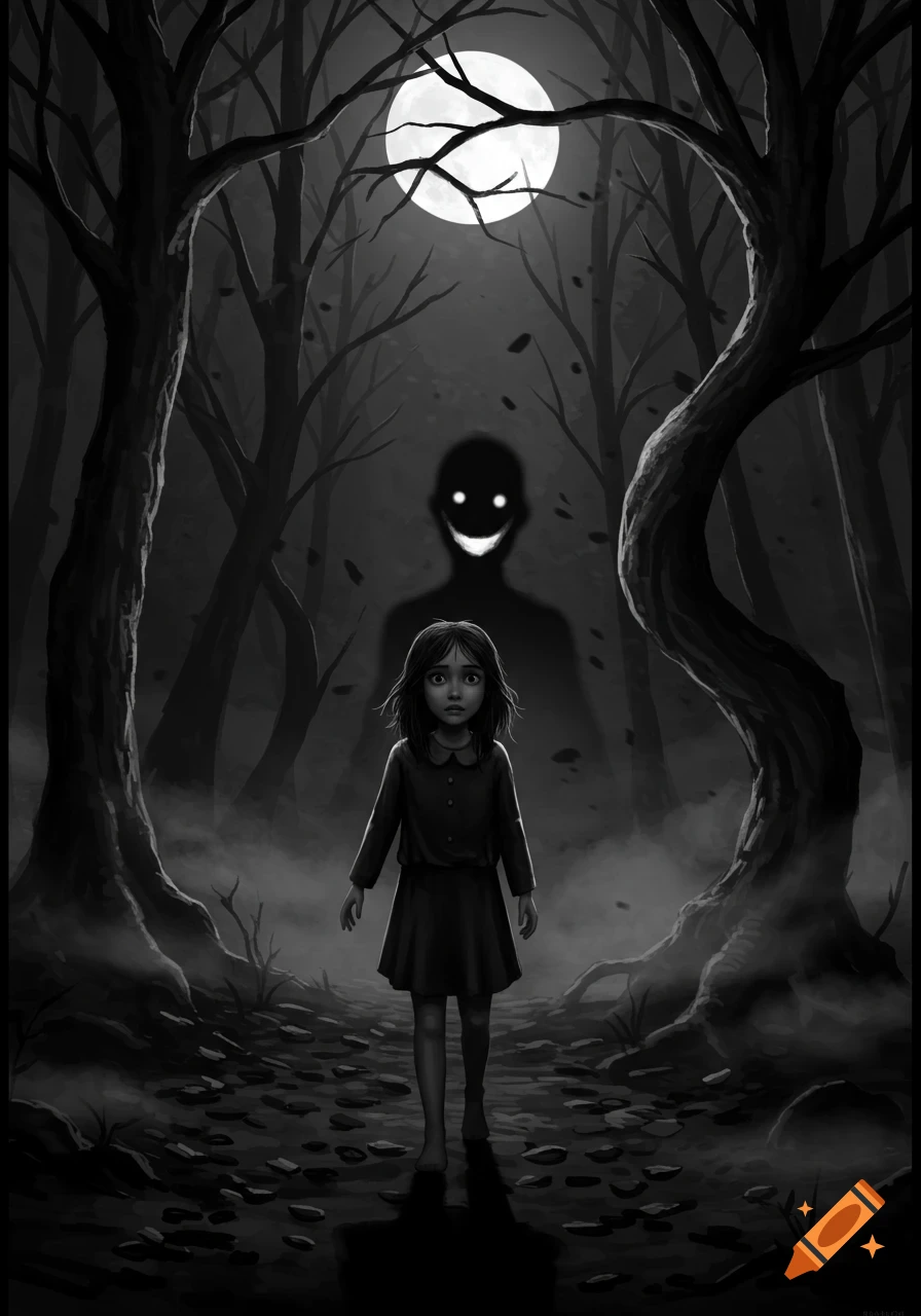 A scared young girl walks through a spooky black and white forest under a full moon, with a shadowy figure with a glowing smile behind her.
