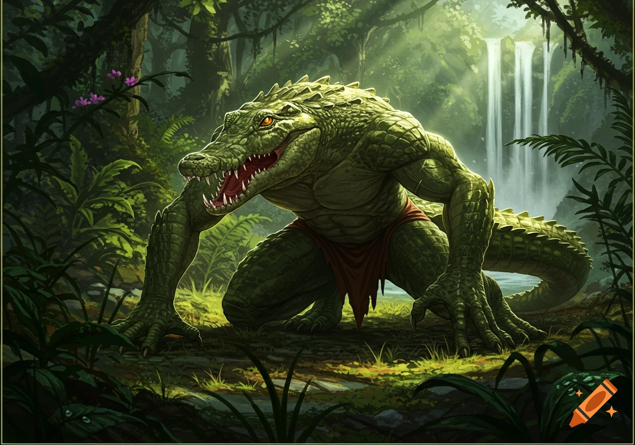 A muscular green bipedal crocodile creature with orange eyes and a loincloth kneels in a lush jungle with a waterfall.