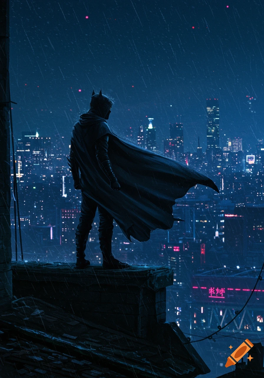 A dark, silhouetted figure resembling Batman stands on a rainy rooftop overlooking a vibrant, neon-lit cityscape at night.