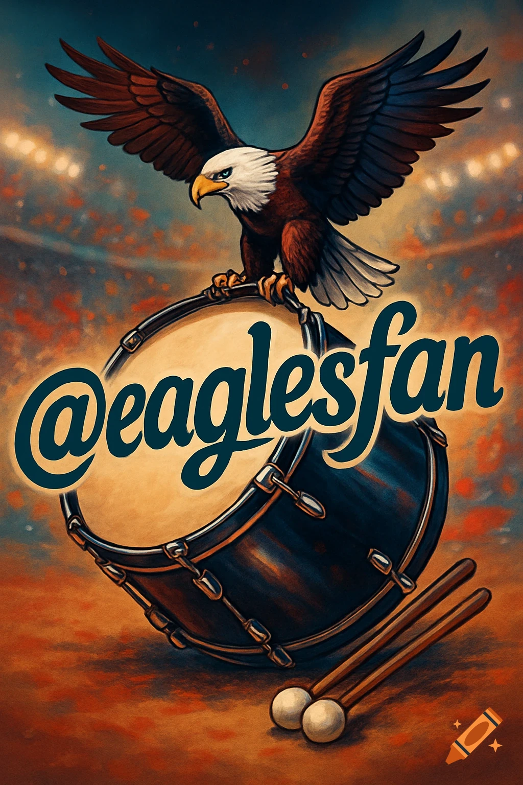 Illustration of a bald eagle perched on a drum with drumsticks, reading '@eaglesfan', in a stadium.