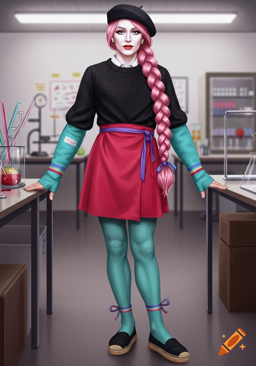 A stylized woman with long pink braided hair and a black beret stands in a lab, wearing a black sweater, red wrap skirt, teal tights, and espadrilles.