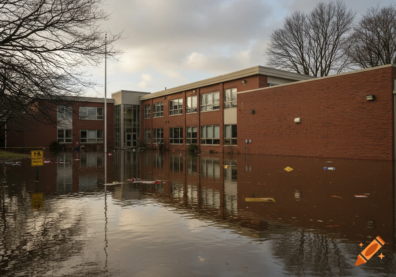 A brick school building partially submerged in brown floodwaters under an overcast sky.
