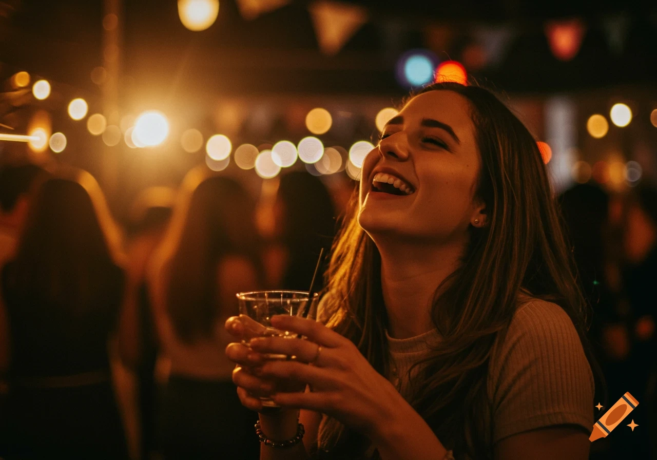 A young woman laughs with her head tilted back, holding a drink at a warm, blurry party with bokeh lights in the background.