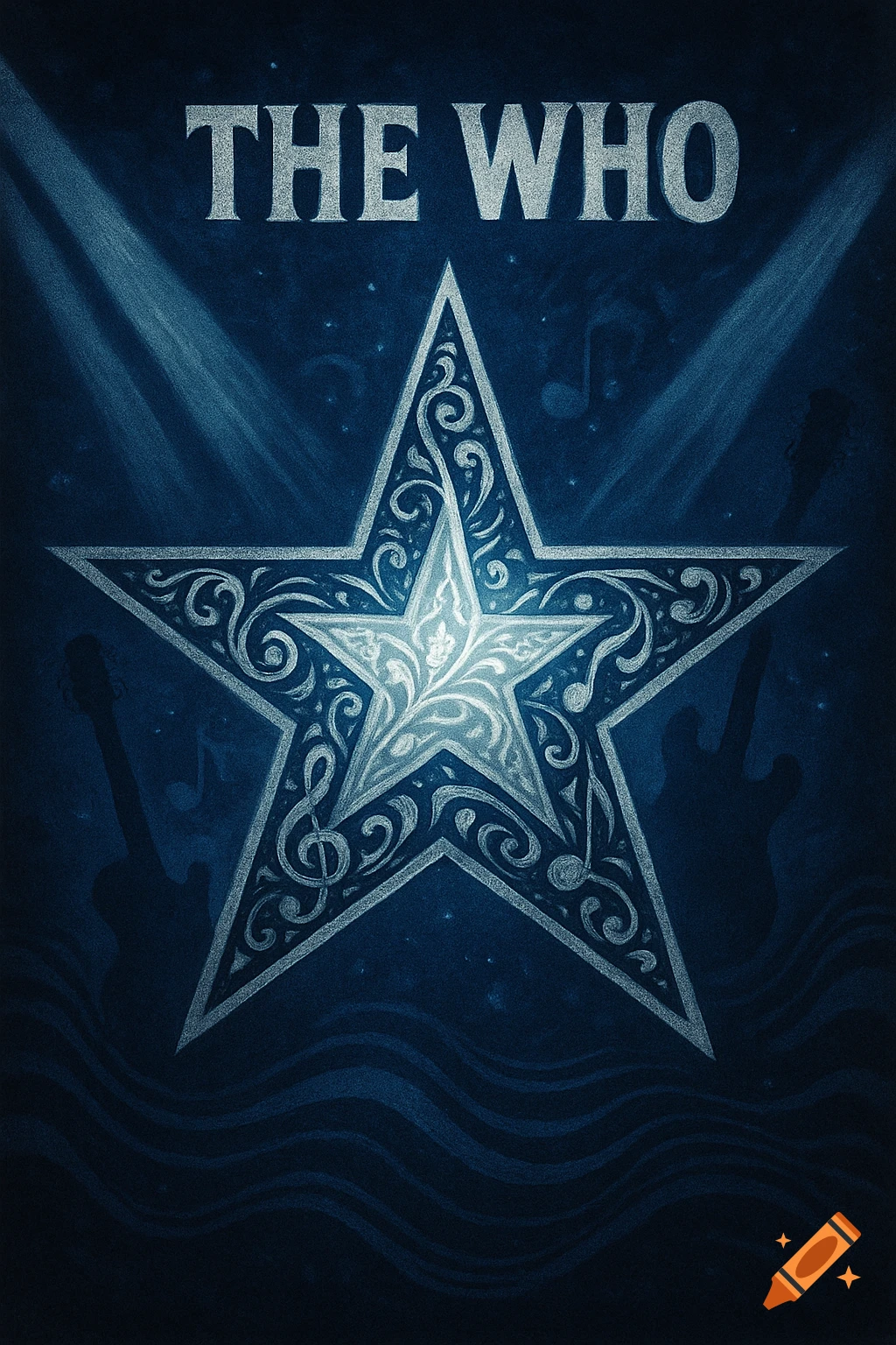 A blue and white textured poster featuring "THE WHO" text, a large ornate star, musical notes, and guitar silhouettes.