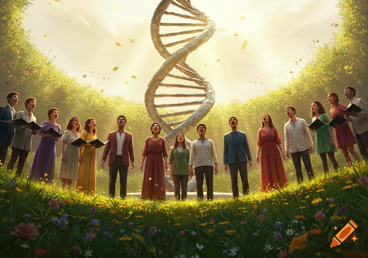 A diverse choir sings joyfully in a sunlit, grassy field with a large, glowing DNA double helix, surrounded by trees and flowers.