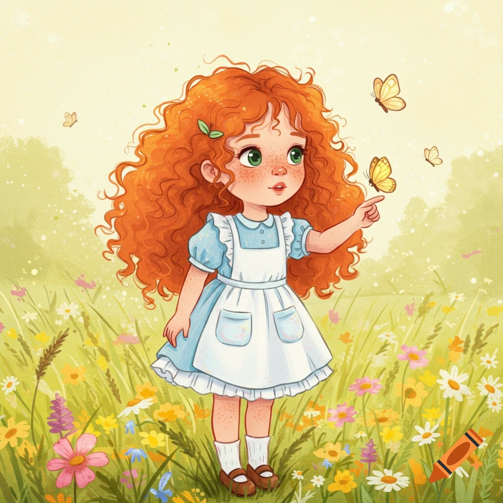 A cute, red-headed cartoon girl in an apron dress stands in a flowery field, looking at a butterfly on her finger.