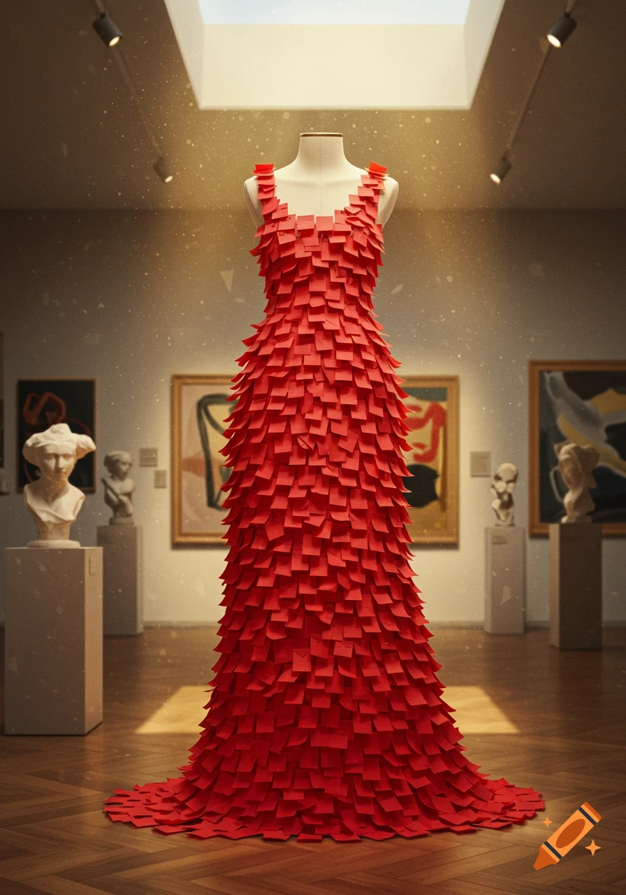 A red dress made entirely of sticky notes stands on a mannequin in an art museum, with sculptures and paintings in the background.