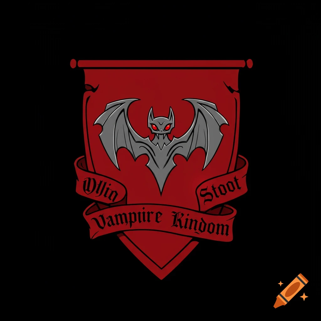 A red heraldic banner with a gray bat emblem with red eyes, and text that reads 'Ollin Stoot Vampire Kindom'.