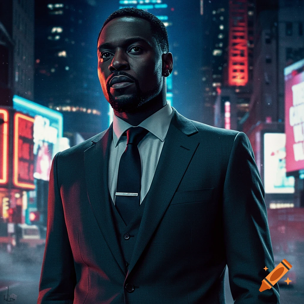 A serious man in a dark suit with a tie stands in a neon-lit city at night, looking to the side. Photorealistic.