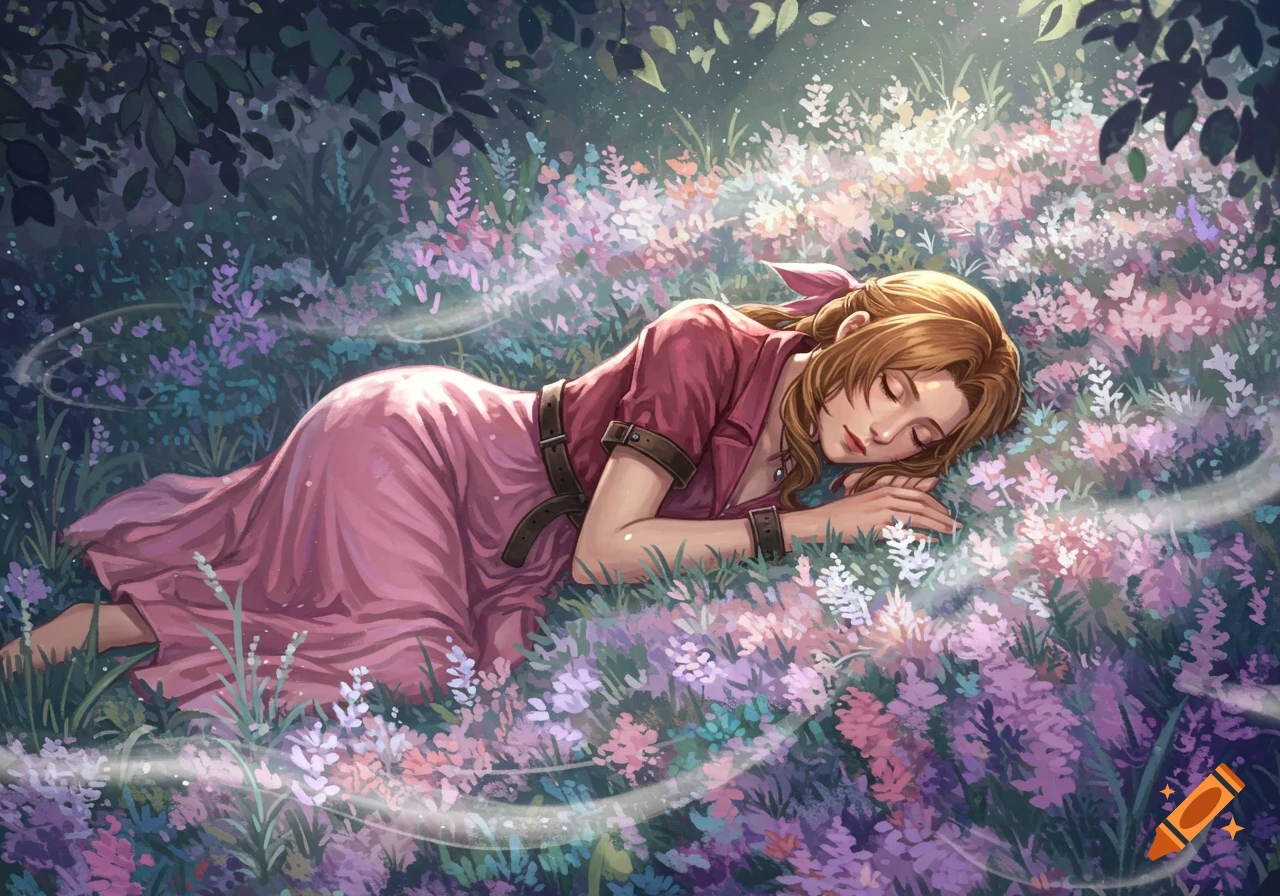 A young woman with auburn hair in a pink dress sleeps peacefully in a field of colorful flowers under dappled sunlight, in a digital art style.
