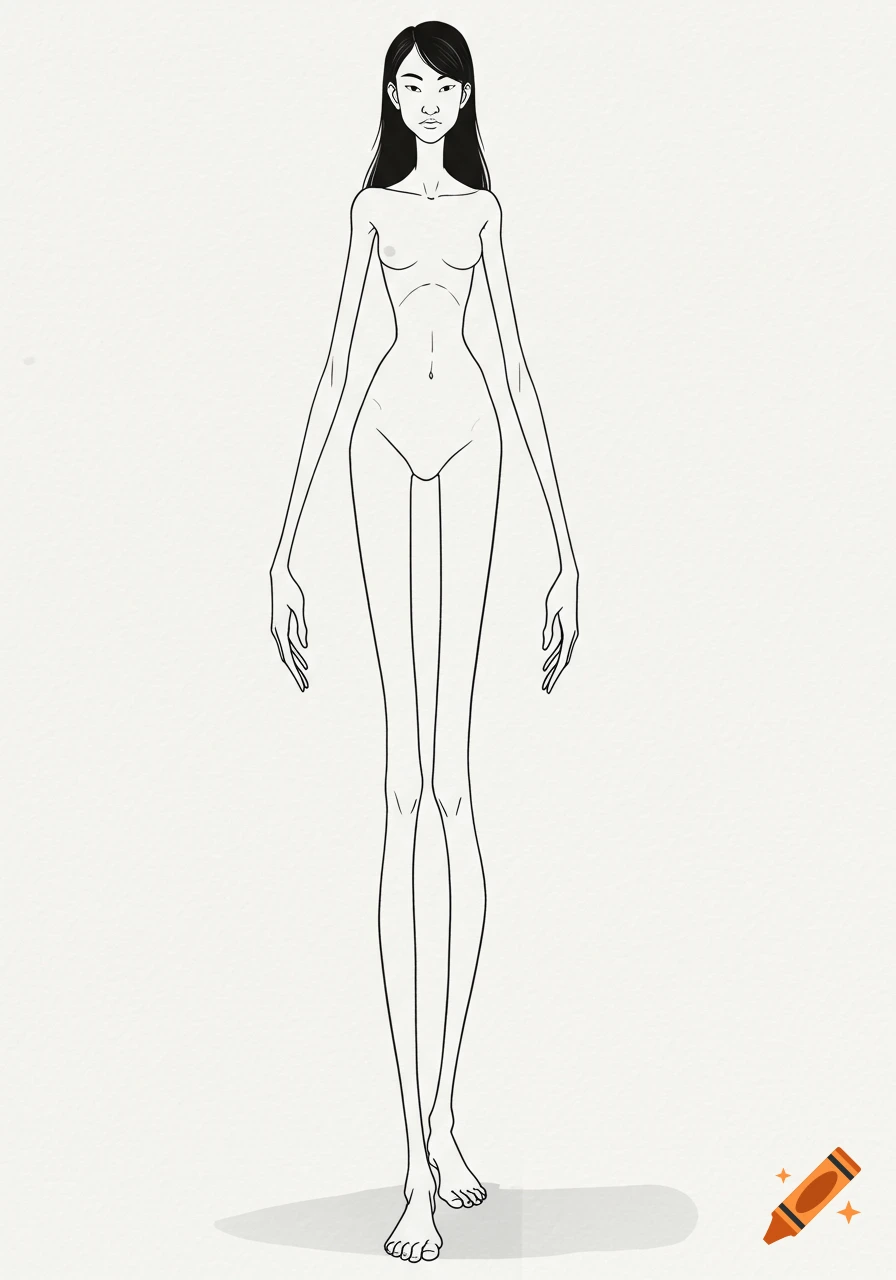 Line drawing of a very tall, slender Asian female figure with long arms and legs, standing front-facing.