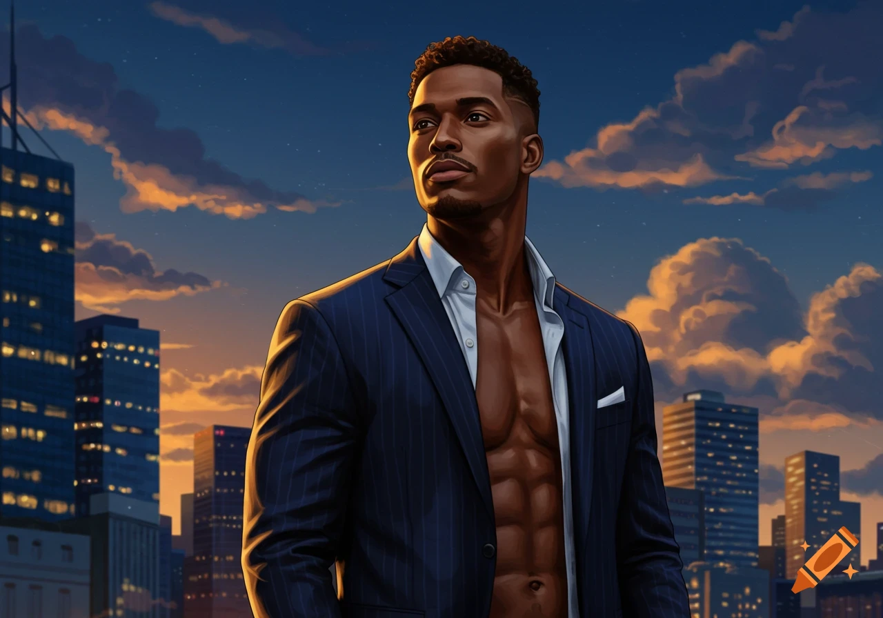 A muscular man in an unbuttoned pinstripe suit stands against a city skyline at sunset, rendered in a digital art style.