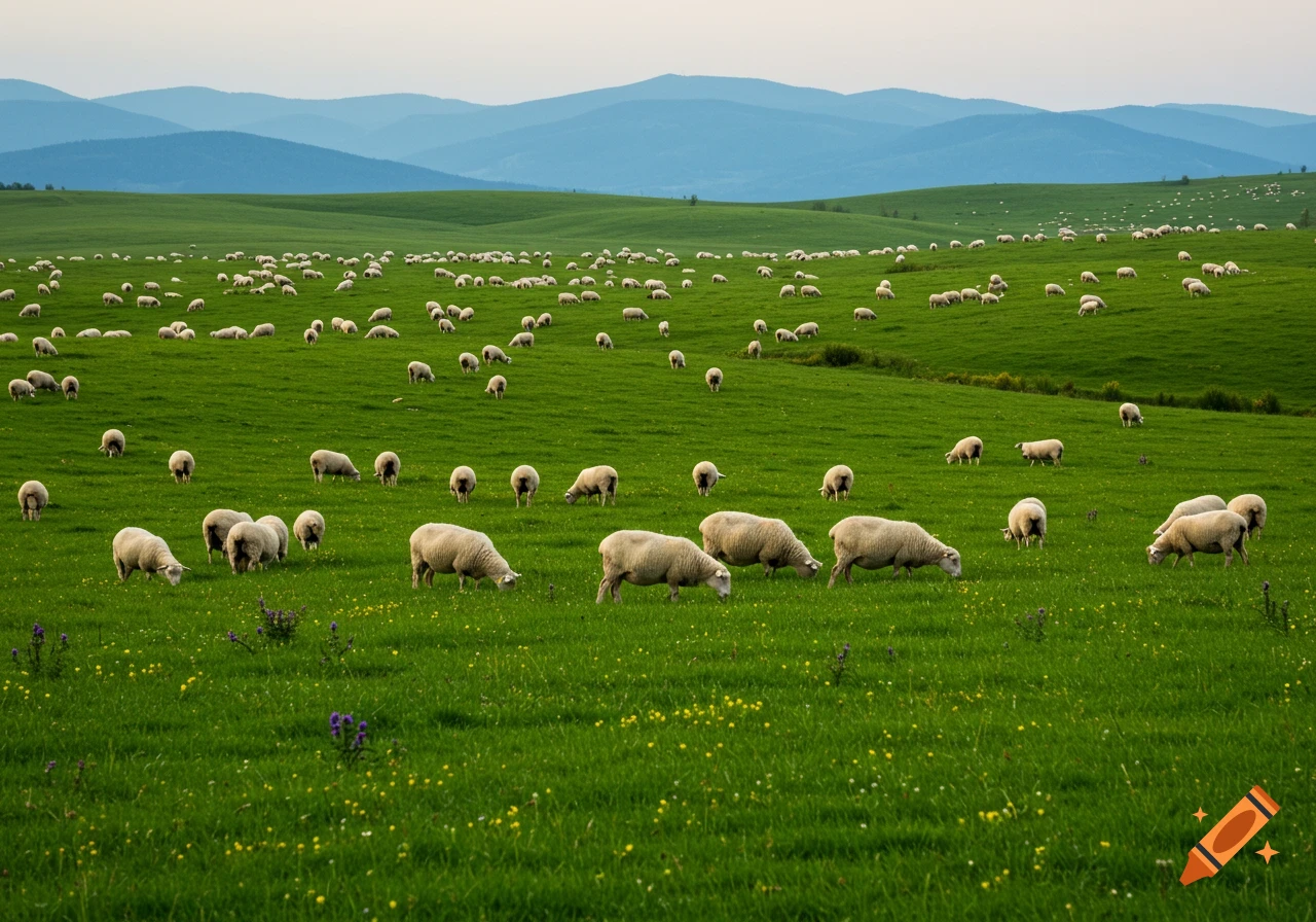 A large flock of white sheep grazes on a vibrant green grassy hillside with distant blue mountains under a light sky.