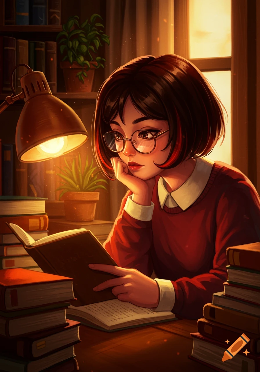 An animated girl with dark hair and glasses reads a book under a warm desk lamp in a cozy room with bookshelves.