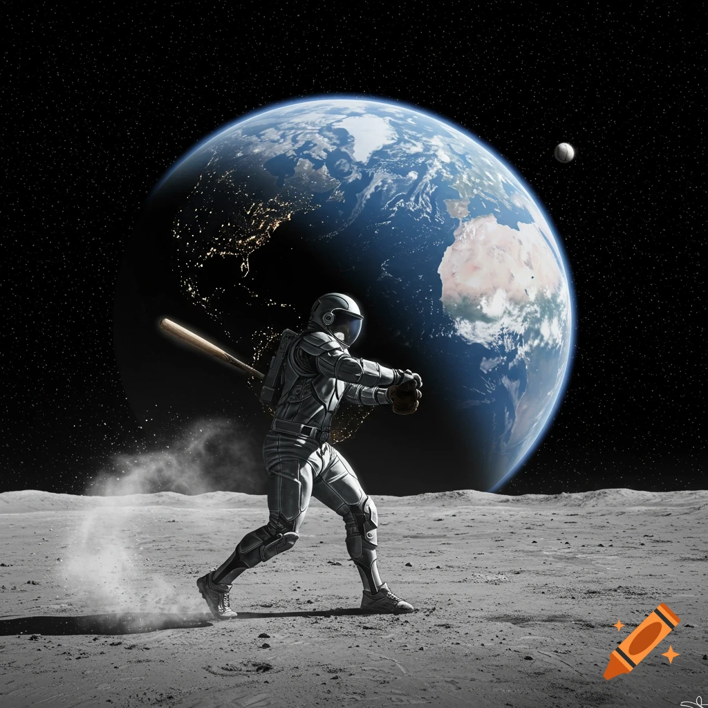 A photorealistic astronaut in a spacesuit swings a baseball bat on the moon, with Earth visible in the background.