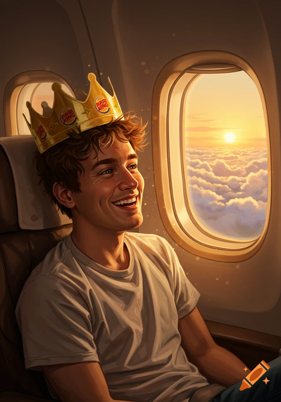 A happy young man wearing a Burger King crown smiles while sitting in an airplane seat, looking out at a sunset over clouds.