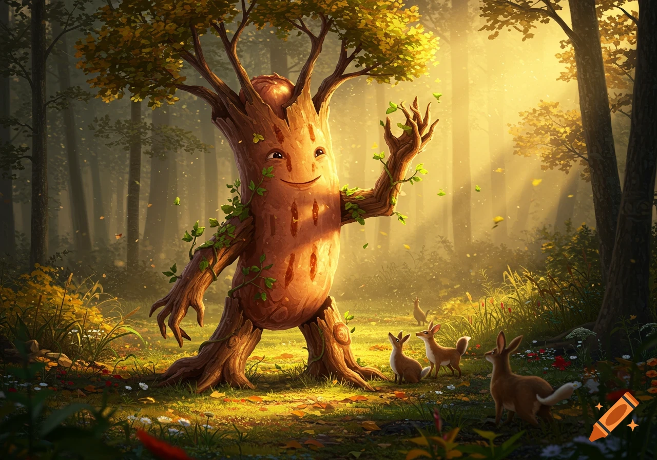 A happy, smiling tree creature waves in a sunny, autumnal forest clearing with three rabbits nearby, digital art.