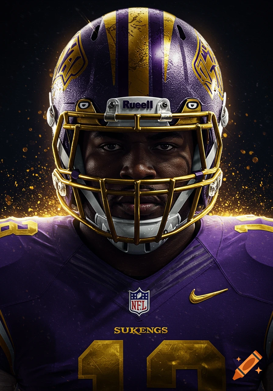 Close-up bust of an American football player in a purple and gold helmet and jersey with a glowing background.