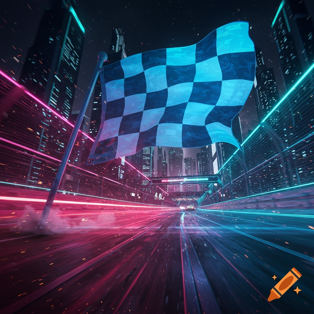 A checkered flag waves prominently over a neon-lit, futuristic city racetrack with blurred light trails and distant cars.