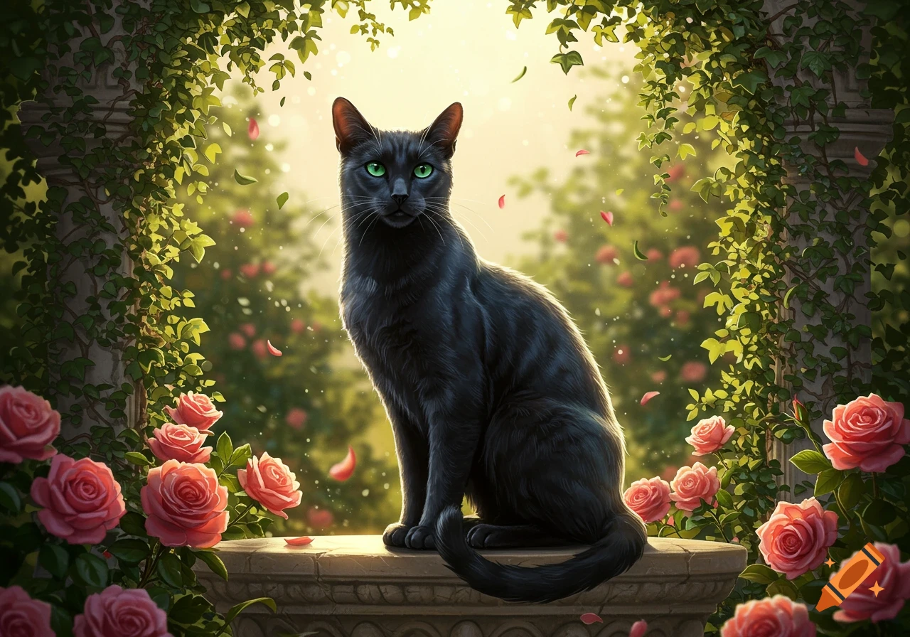 A black cat with green eyes sits on a stone pedestal surrounded by pink roses and ivy in a sunny garden.