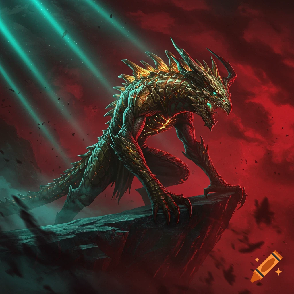 A detailed, gold-scaled, dragon-like creature with glowing eyes squats on a cliff edge against a dramatic red and teal sky.