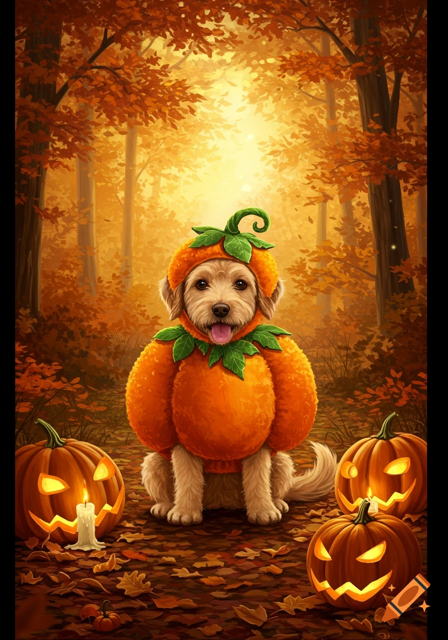 An illustrated fluffy dog wearing a pumpkin costume sits in an autumn forest surrounded by jack-o'-lanterns and fallen leaves.