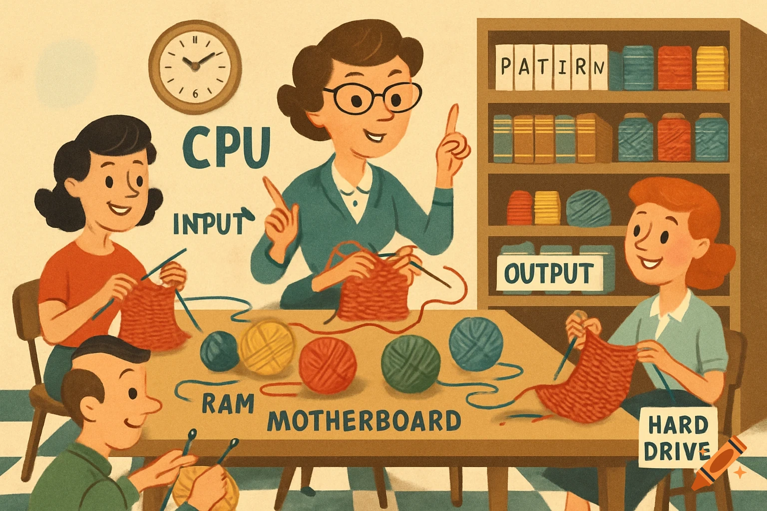 A 1950s cartoon illustration using a knitting workshop analogy to explain computer parts, with a woman teaching and labels like CPU, RAM, INPUT, OUTPUT, MOTHERBOARD, and HARD DRIVE.