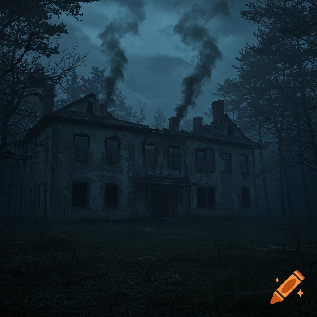 An eerie, abandoned mansion with smoke rising from chimneys, nestled in a dark, misty forest at twilight, in a photorealistic style.