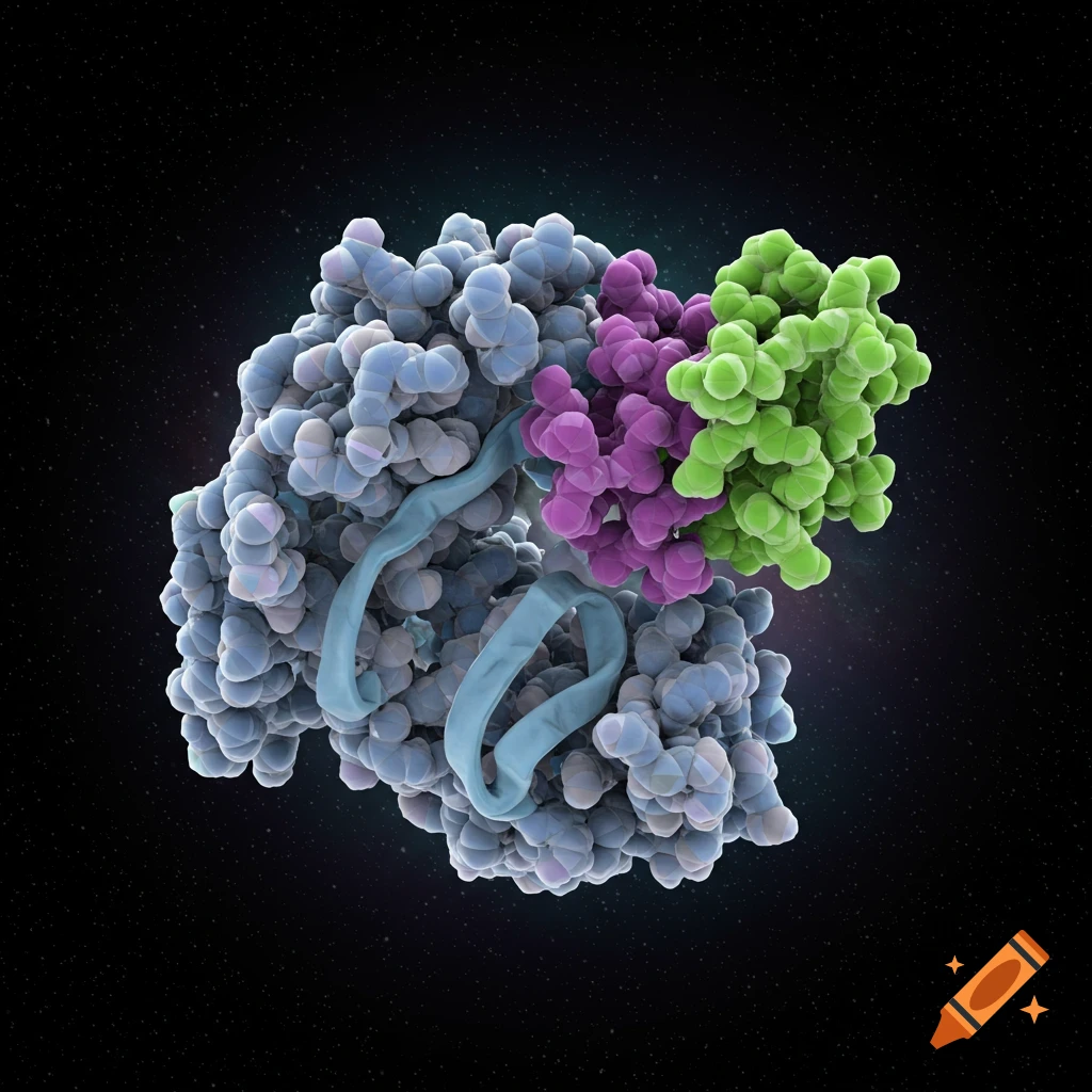 A detailed 3D rendering of a multi-colored molecular structure against a dark, starlit background.