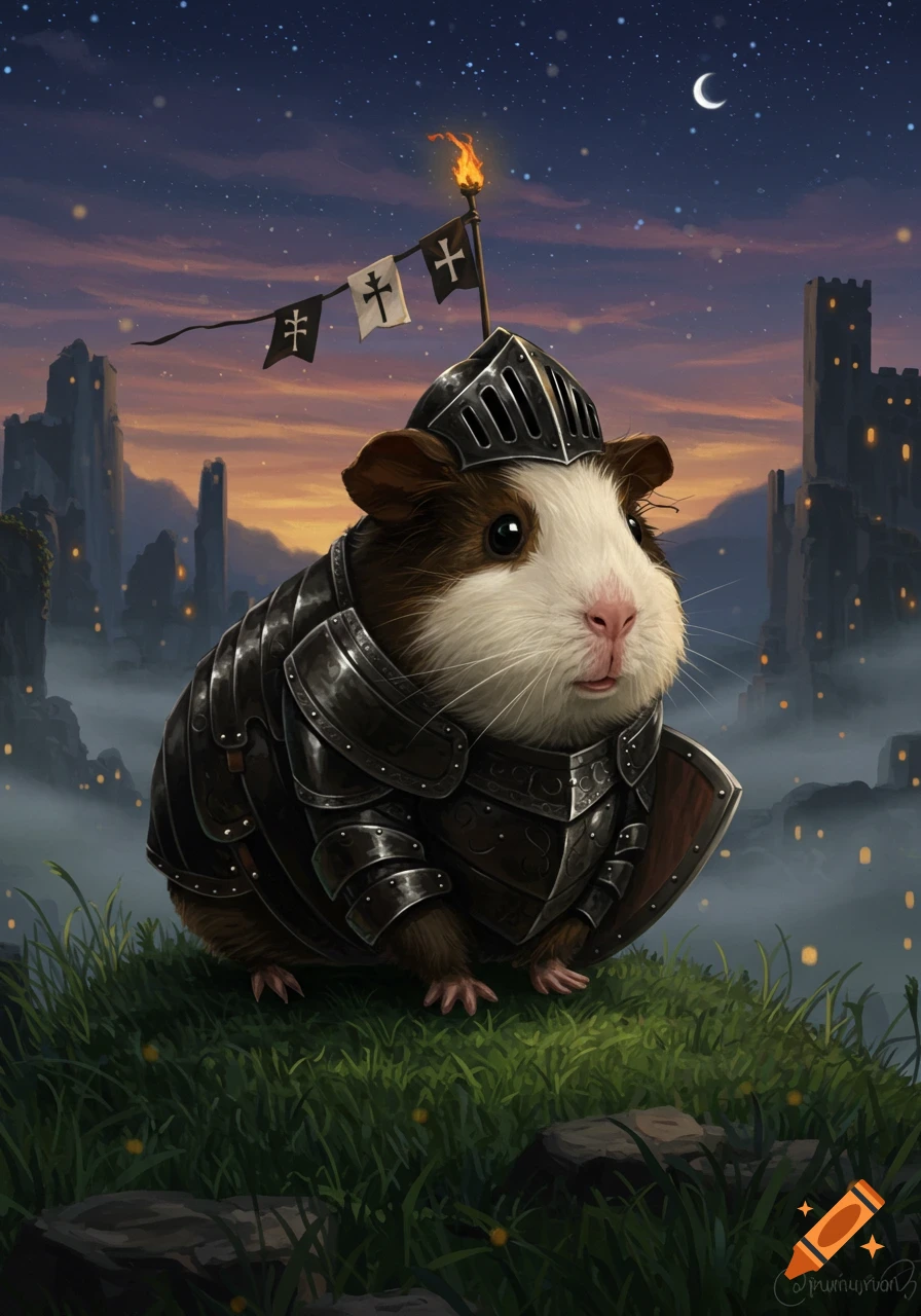 A cute guinea pig in detailed black knight armor and helmet, holding a shield, stands on a grassy hill under a starry sunset sky with distant castles, in a digital art style.