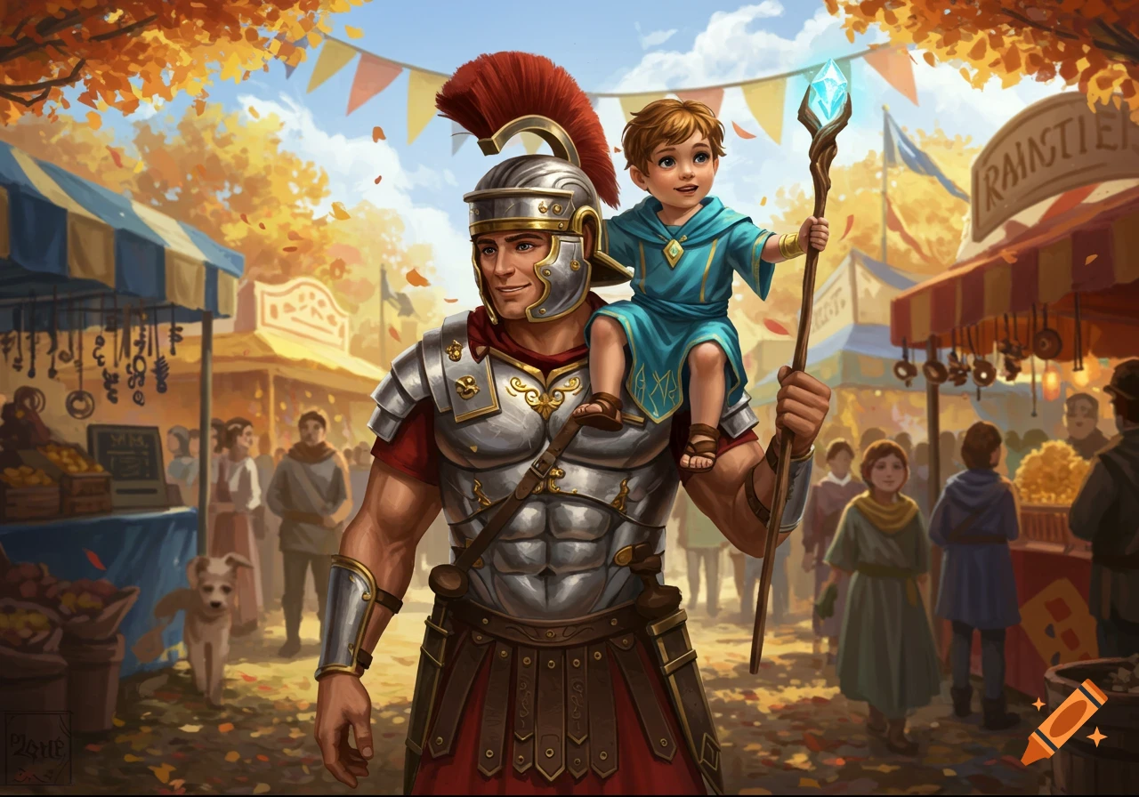 A smiling Roman Centurion carries a young mystic boy on his shoulders through a vibrant autumn market.