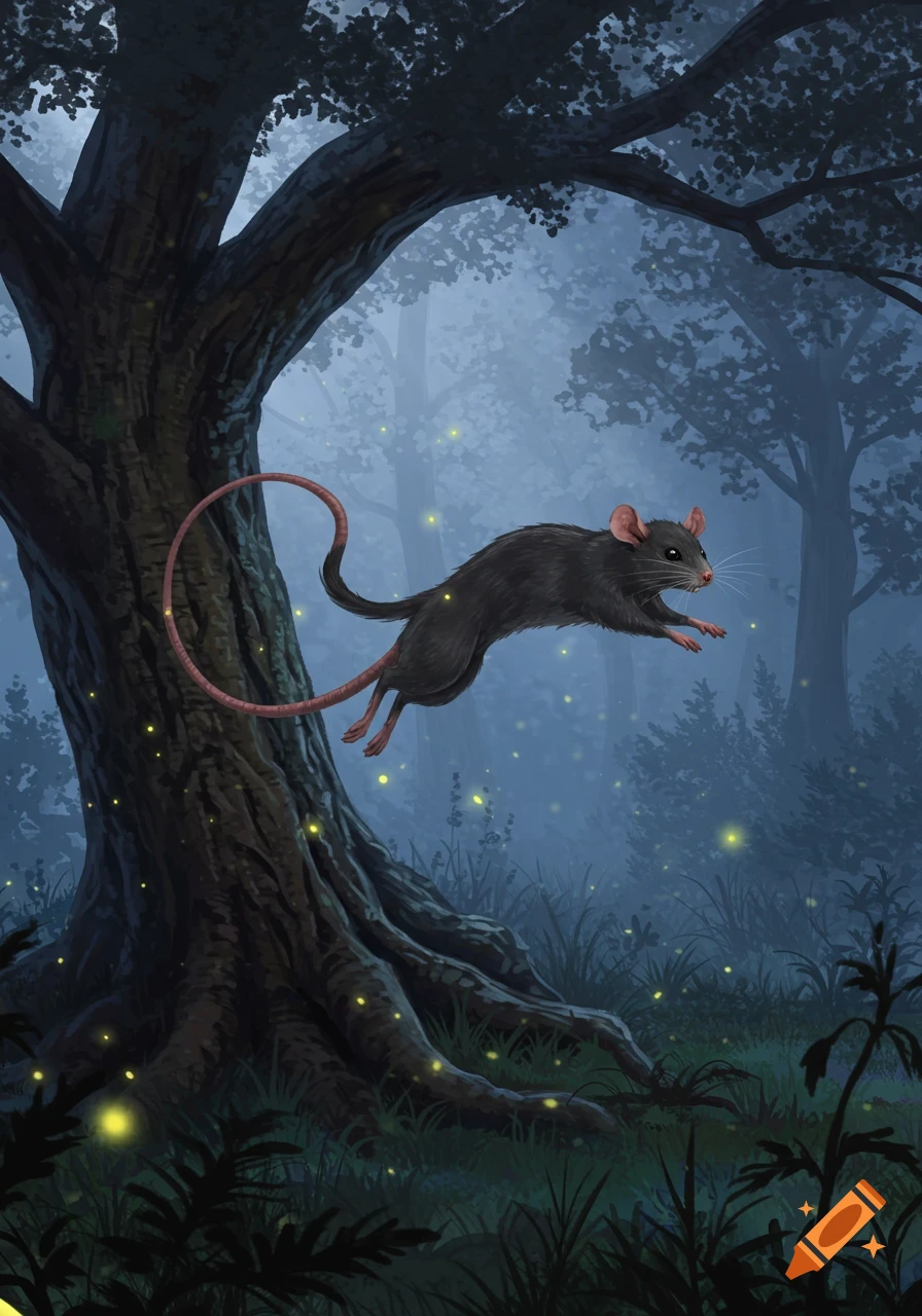 A dark furred rat-like creature with pink ears leaps through a misty forest at night, surrounded by glowing fireflies.