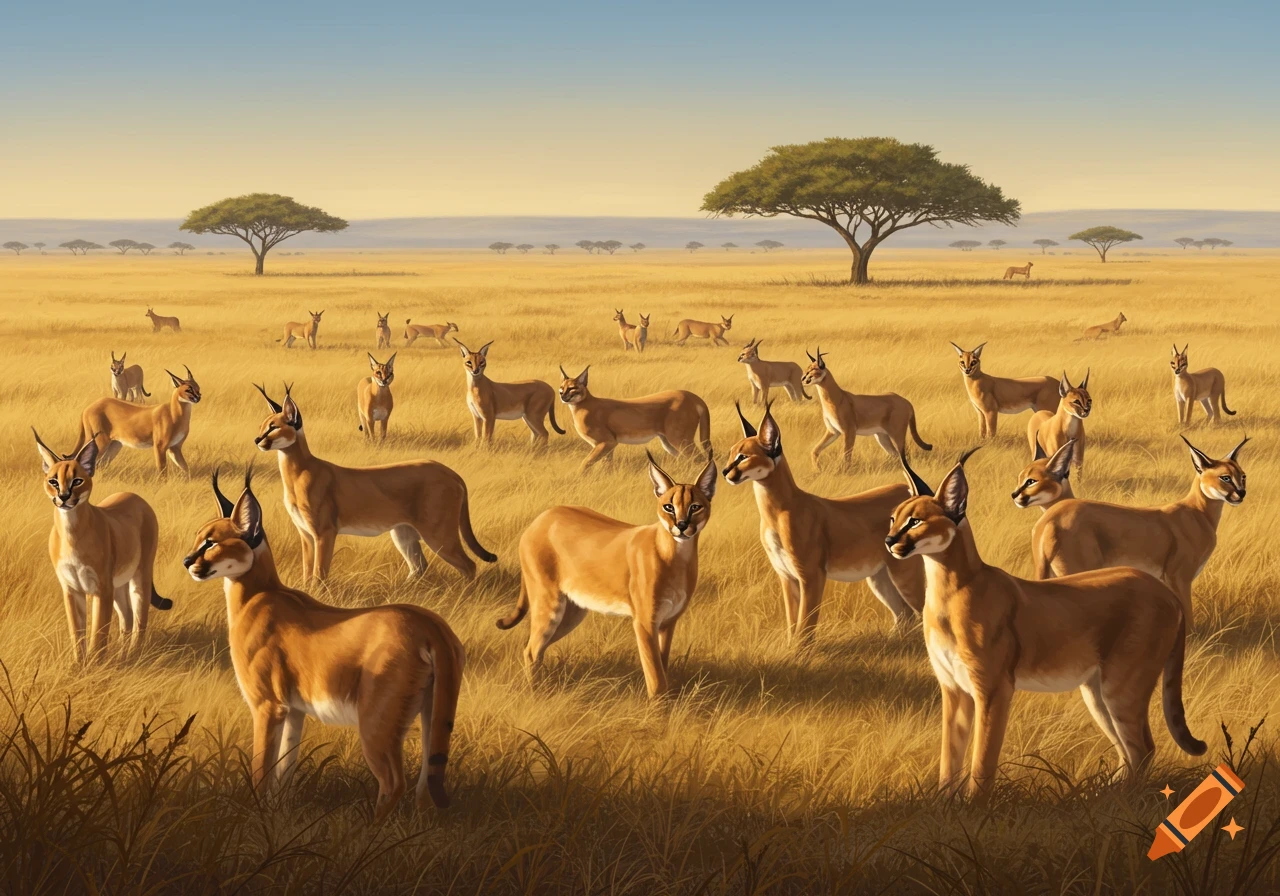 A large group of caracals stands in a golden savannah under a light blue sky with scattered acacia trees.