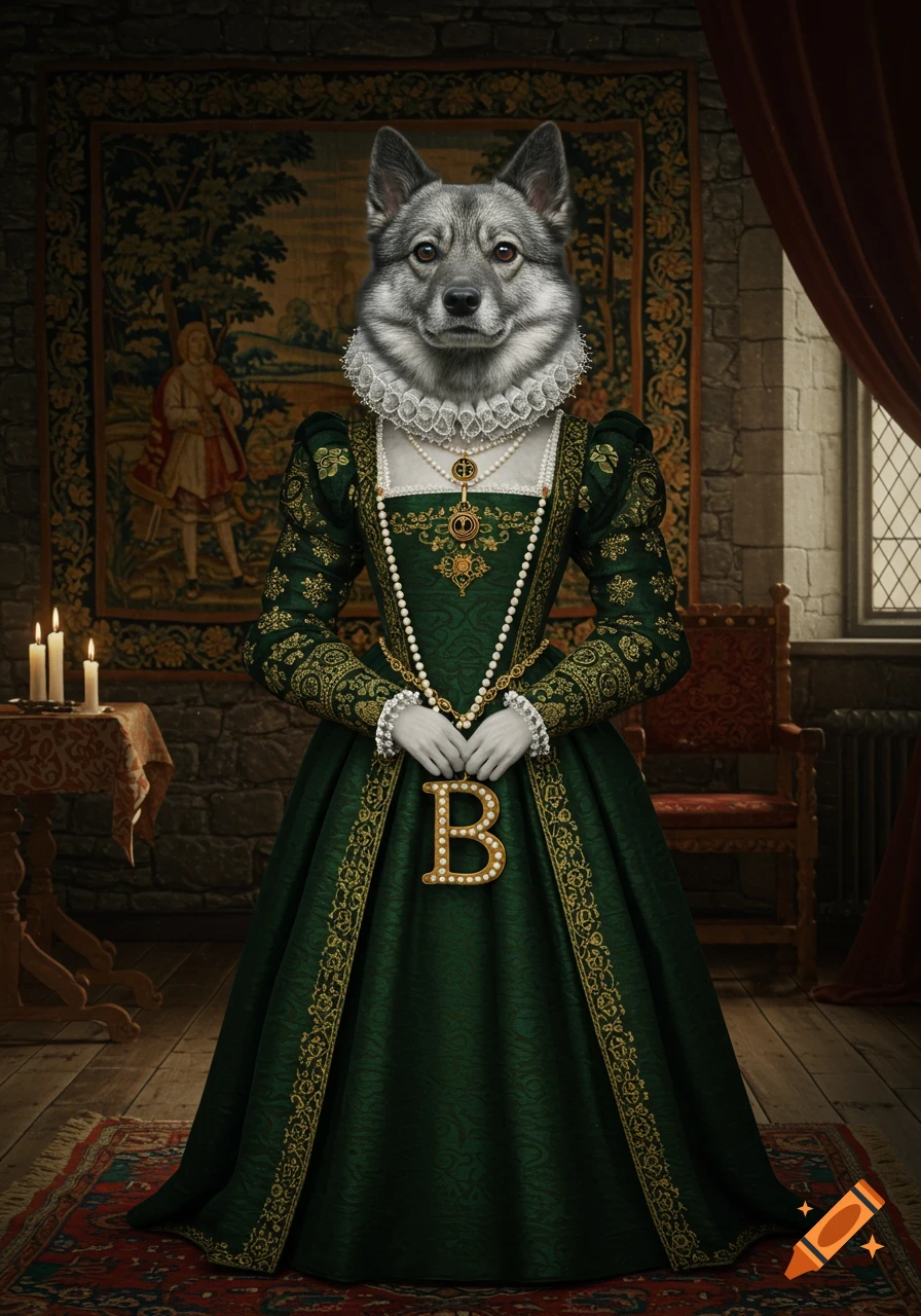 A Norwegian elkhound in a dark green Elizabethan gown with gold embroidery and pearl necklaces, holding a golden "B" pendant, in a historic room.