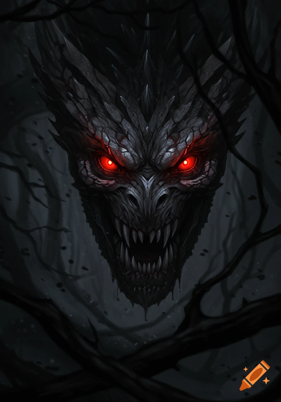 Close-up of a dark, scaly dragon head with glowing red eyes and sharp teeth, emerging from shadowy branches.