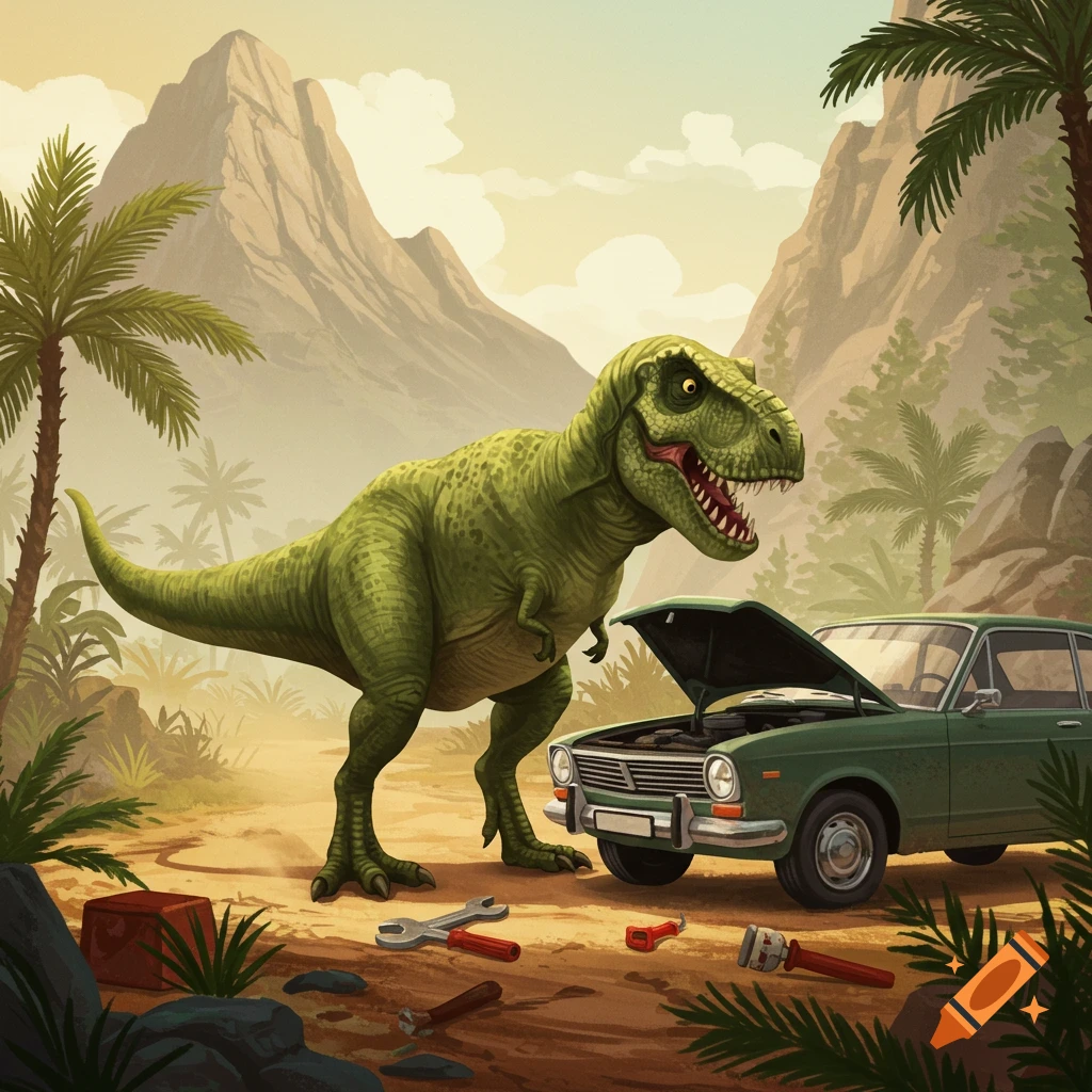 A cartoon T-Rex with short arms comically inspects a broken-down vintage car engine in a prehistoric landscape.